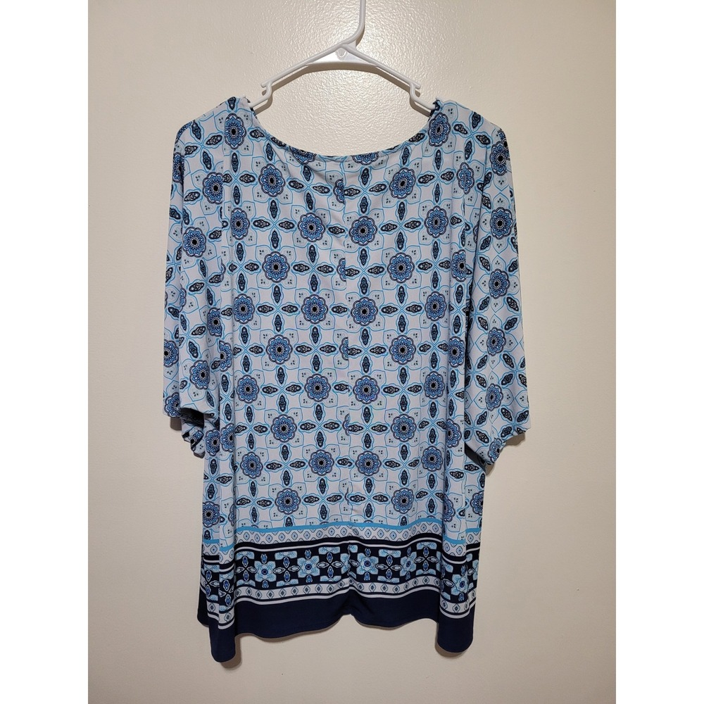 Dana Buchman Blouse Women XL Blue White Medallion Tile‎ Print 3/4 Sleeve - Picture 2 of 6
